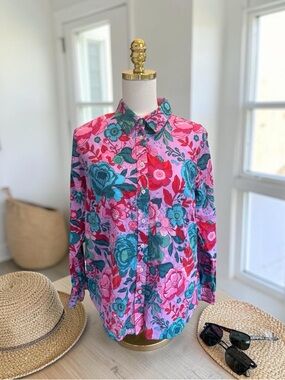 Talbot’s Women’s Sketched Blooms Vibrant Floral Button-up Blouse Cotton sz L